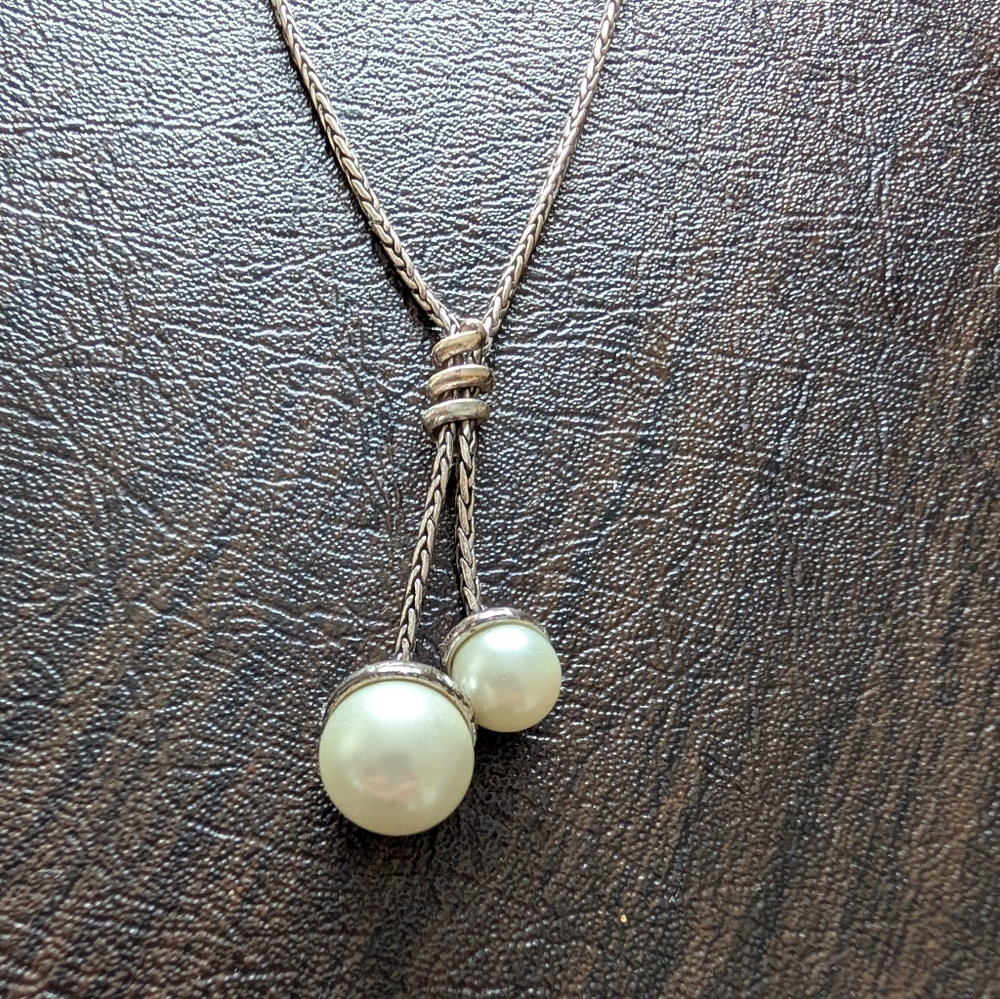 Brighton Lariat Style Necklace Twist Pearl Silver Tone With Faux Pearl 16”-18”